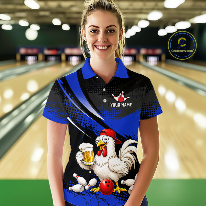 Woman wearing a blue and black bowling polo featuring a chicken holding a beer mug, red bowling ball, scattered pins, and custom your name text.