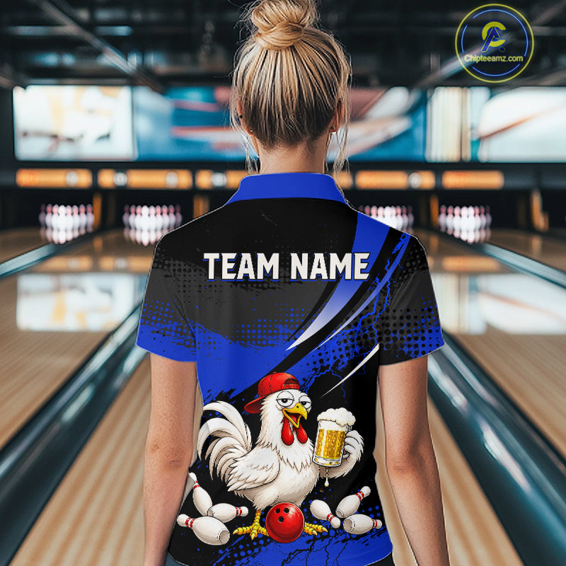 Woman wearing a blue and black bowling polo featuring a chicken holding a beer mug, red bowling ball, scattered pins, and custom team name text.