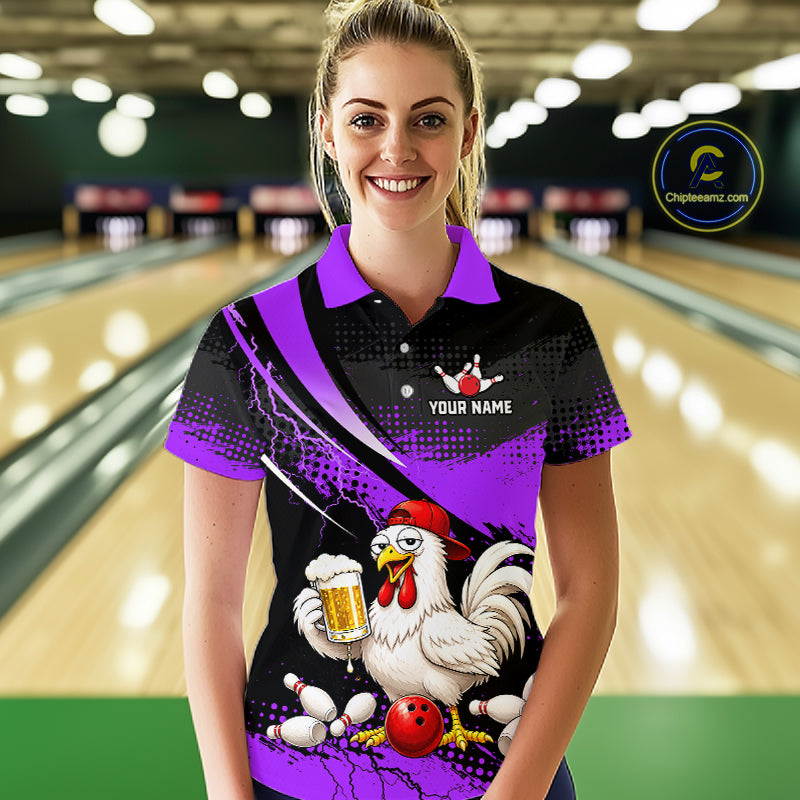 Woman wearing a purple and black bowling polo featuring a chicken holding a beer mug, red bowling ball, scattered pins, and custom your name text.