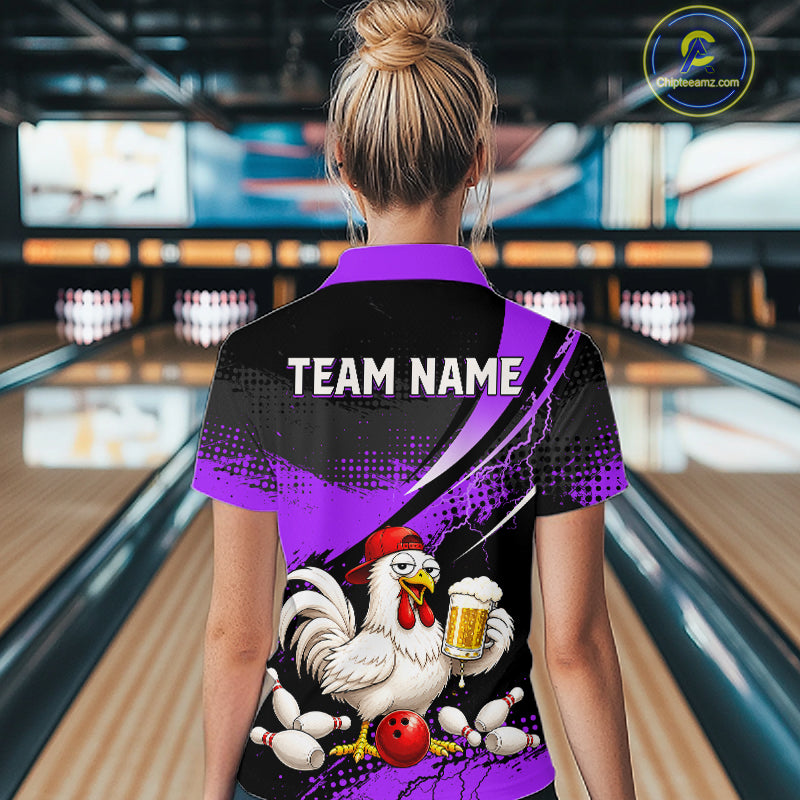 Woman wearing a purple and black bowling polo featuring a chicken holding a beer mug, red bowling ball, scattered pins, and custom team name text.