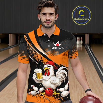 Man wearing a orange and black bowling polo featuring a chicken holding a beer mug, red bowling ball, scattered pins, and custom your name text.
