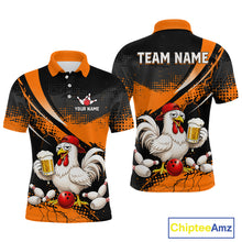 Load image into Gallery viewer, Front and back views of a orange and black bowling polo featuring a chicken holding a beer mug, red bowling ball, scattered pins, and custom team text.