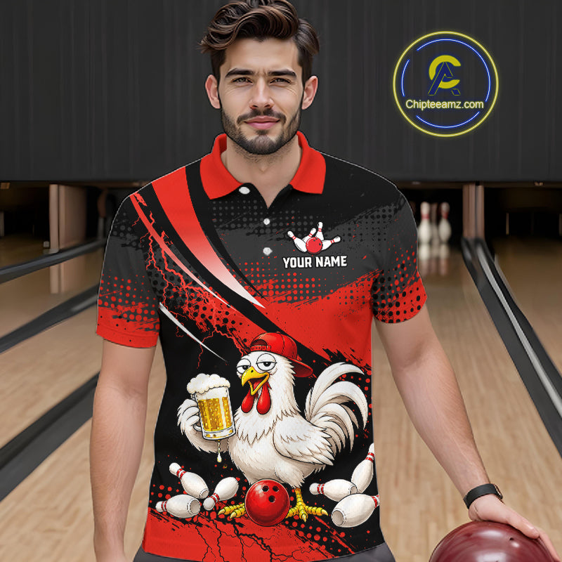 Man wearing a red and black bowling polo featuring a chicken holding a beer mug, red bowling ball, scattered pins, and custom your name text.