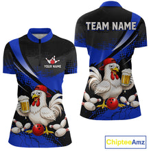 Load image into Gallery viewer, Front and back views of a blue and black bowling quarter zip featuring a chicken holding a beer mug, red bowling ball, scattered pins, and custom team text.
