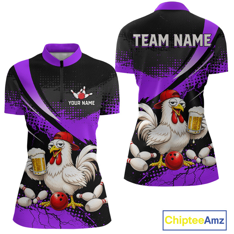 Front and back views of a purple and black bowling quarter zip featuring a chicken holding a beer mug, red bowling ball, scattered pins, and custom team text.