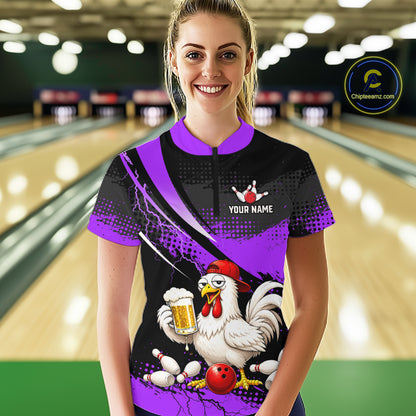 Woman wearing a purple and black bowling quarter zip featuring a chicken holding a beer mug, red bowling ball, scattered pins, and custom your name text.