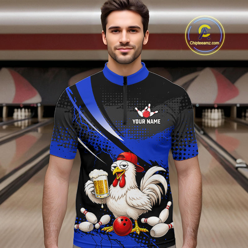 Man wearing a blue and black bowling quarter zip featuring a chicken holding a beer mug, red bowling ball, scattered pins, and custom your name text.