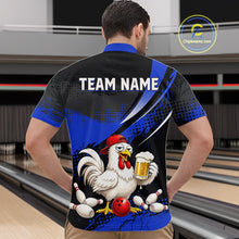 Load image into Gallery viewer, Man wearing a blue and black bowling quarter zip featuring a chicken holding a beer mug, red bowling ball, scattered pins, and custom team name text.