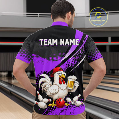 Man wearing a purple and black bowling quarter zip featuring a chicken holding a beer mug, red bowling ball, scattered pins, and custom team name text.