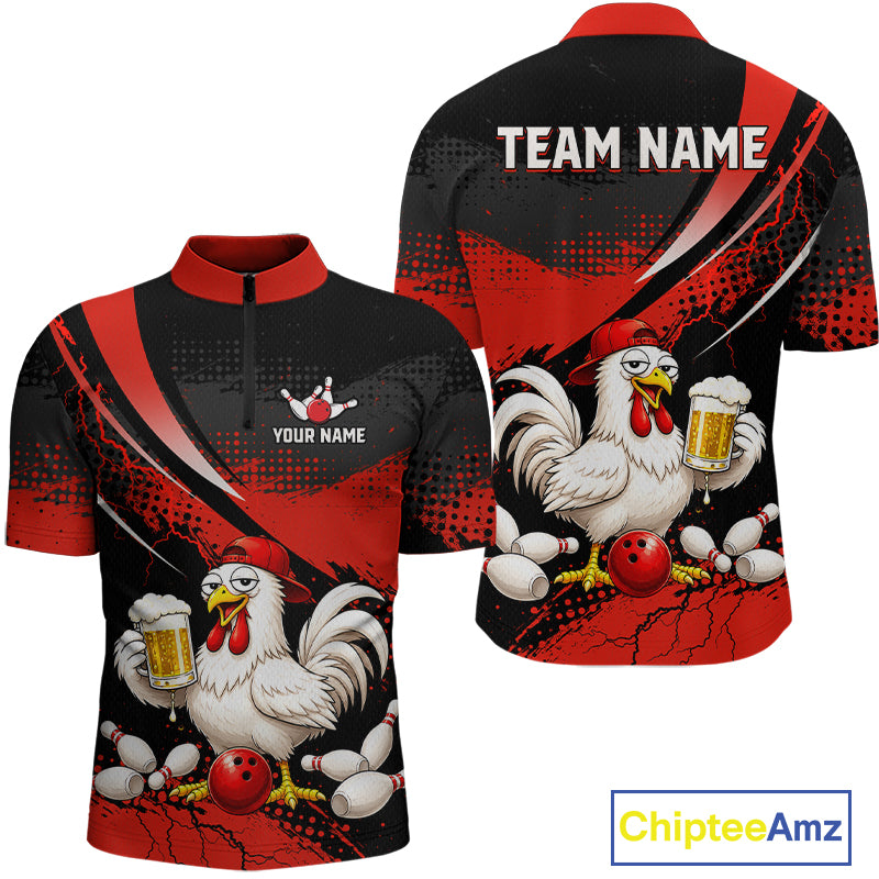 Front and back views of a red and black bowling quarter zip featuring a chicken holding a beer mug, red bowling ball, scattered pins, and custom team text.