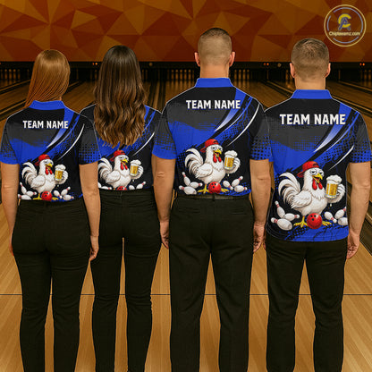 Four people wearing blue and black bowling polo featuring a chicken holding a beer mug, red bowling ball, scattered pins, and custom team name text.