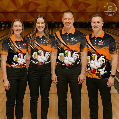 Four people wearing orange and black bowling polo featuring a chicken holding a beer mug, red bowling ball, scattered pins, and custom your name text.