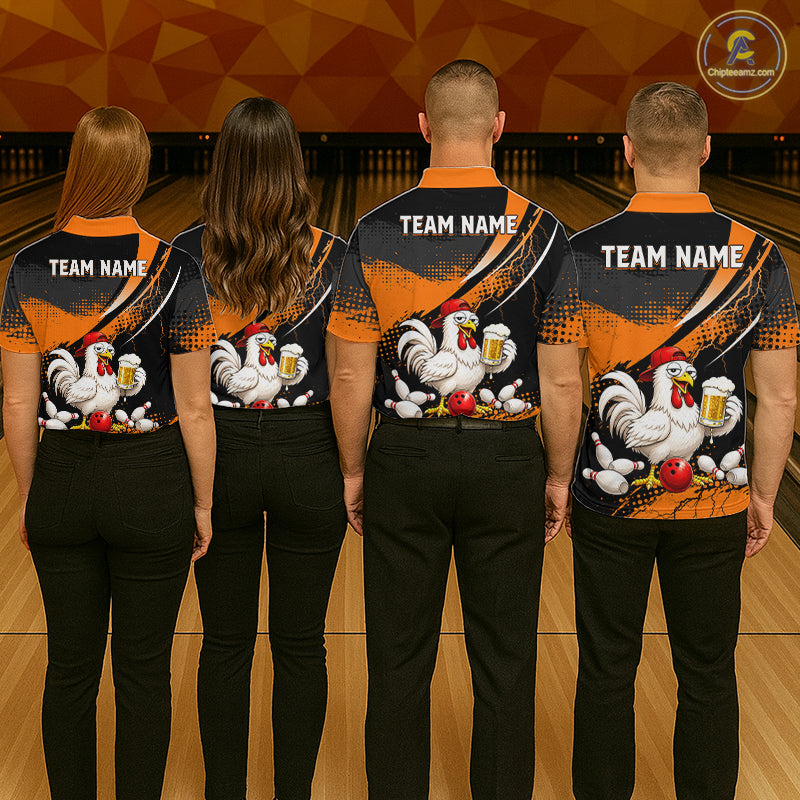 Four people wearing orange and black bowling polo featuring a chicken holding a beer mug, red bowling ball, scattered pins, and custom team name text.