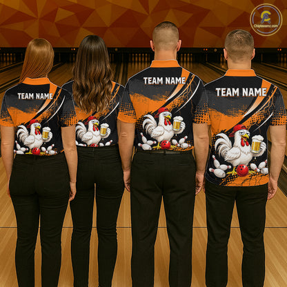 Four people wearing orange and black bowling polo featuring a chicken holding a beer mug, red bowling ball, scattered pins, and custom team name text.