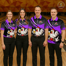 Load image into Gallery viewer, Four people wearing purple and black bowling polo featuring a chicken holding a beer mug, red bowling ball, scattered pins, and custom team name text.