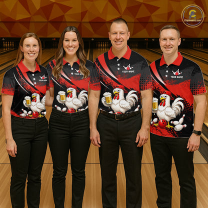 Four people wearing red and black bowling polo featuring a chicken holding a beer mug, red bowling ball, scattered pins, and custom your name text.