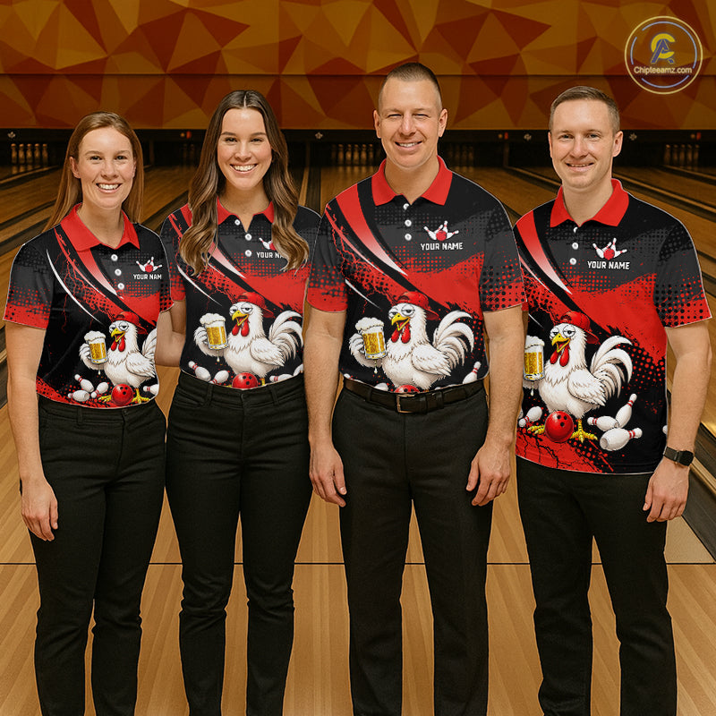 Four people wearing red and black bowling polo featuring a chicken holding a beer mug, red bowling ball, scattered pins, and custom your name text.
