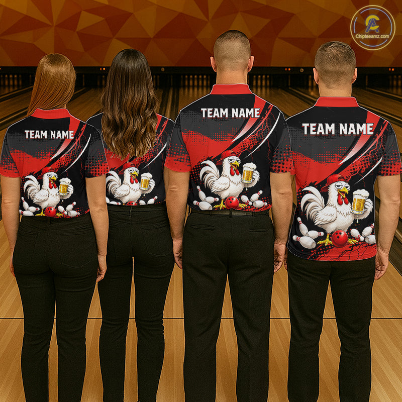 Four people wearing red and black bowling polo featuring a chicken holding a beer mug, red bowling ball, scattered pins, and custom team name text.