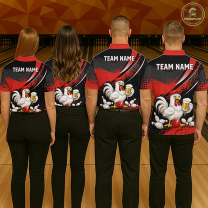Four people wearing red and black bowling polo featuring a chicken holding a beer mug, red bowling ball, scattered pins, and custom team name text.