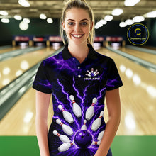 Load image into Gallery viewer, Women wearing personalized bowling polo with purple lightning framing a bowling ball and pins beneath team and player names