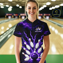 Load image into Gallery viewer, Women wearing personalized bowling quarter zip with purple lightning framing a bowling ball and pins beneath team and player names