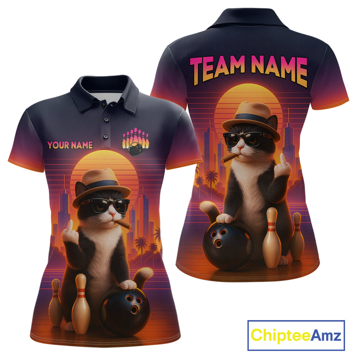 Custom retro funny cat bowling jersey for women, personalized team bowling polo shirt front view and back view