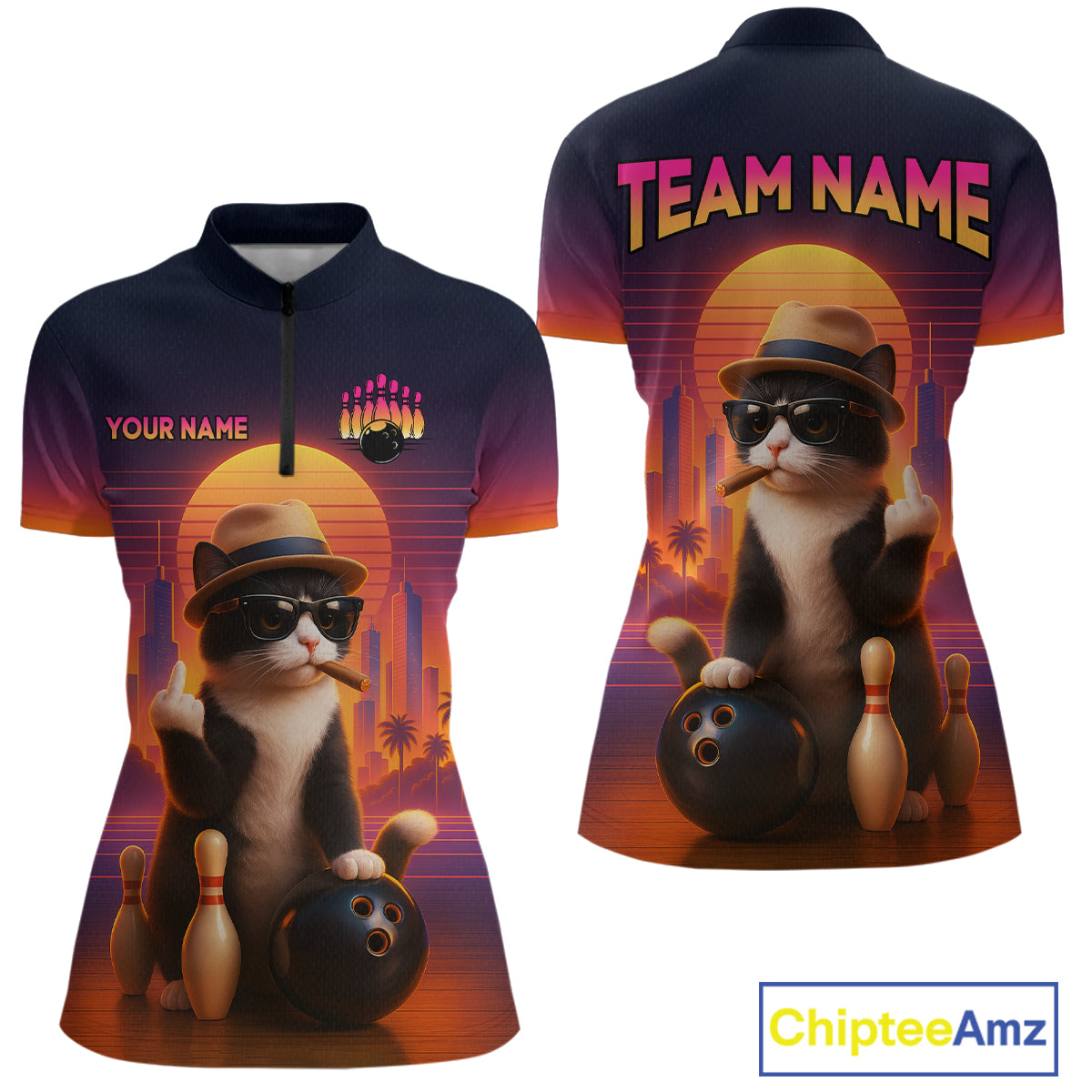 Custom retro funny cat bowling jersey for women, personalized team bowling quarter zip shirt front view and back view