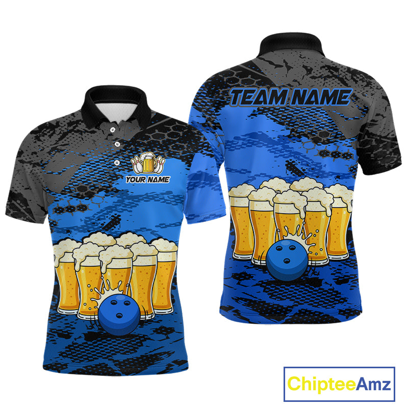Custom Blue Beer Bowling Shirts for Men Bowling Team Jersey Bowling League Polo & 1/4 Zip HNT493