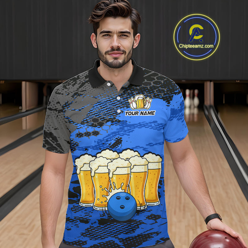 Custom Blue Beer Bowling Shirts for Men Bowling Team Jersey Bowling League Polo & 1/4 Zip HNT493