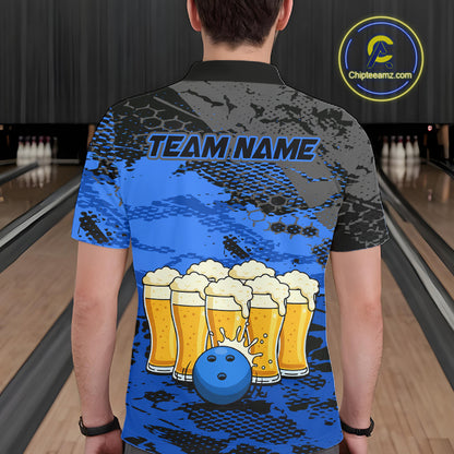 Custom Blue Beer Bowling Shirts for Men Bowling Team Jersey Bowling League Polo & 1/4 Zip HNT493