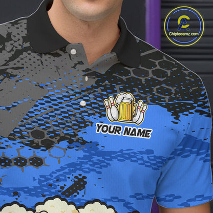 Custom Blue Beer Bowling Shirts for Men Bowling Team Jersey Bowling League Polo & 1/4 Zip HNT493