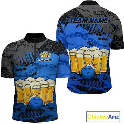 Custom Blue Beer Bowling Shirts for Men Bowling Team Jersey Bowling League Polo & 1/4 Zip HNT493