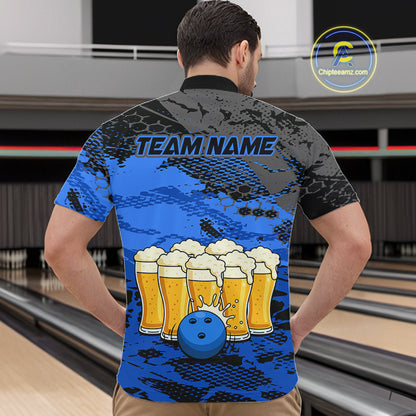 Custom Blue Beer Bowling Shirts for Men Bowling Team Jersey Bowling League Polo & 1/4 Zip HNT493
