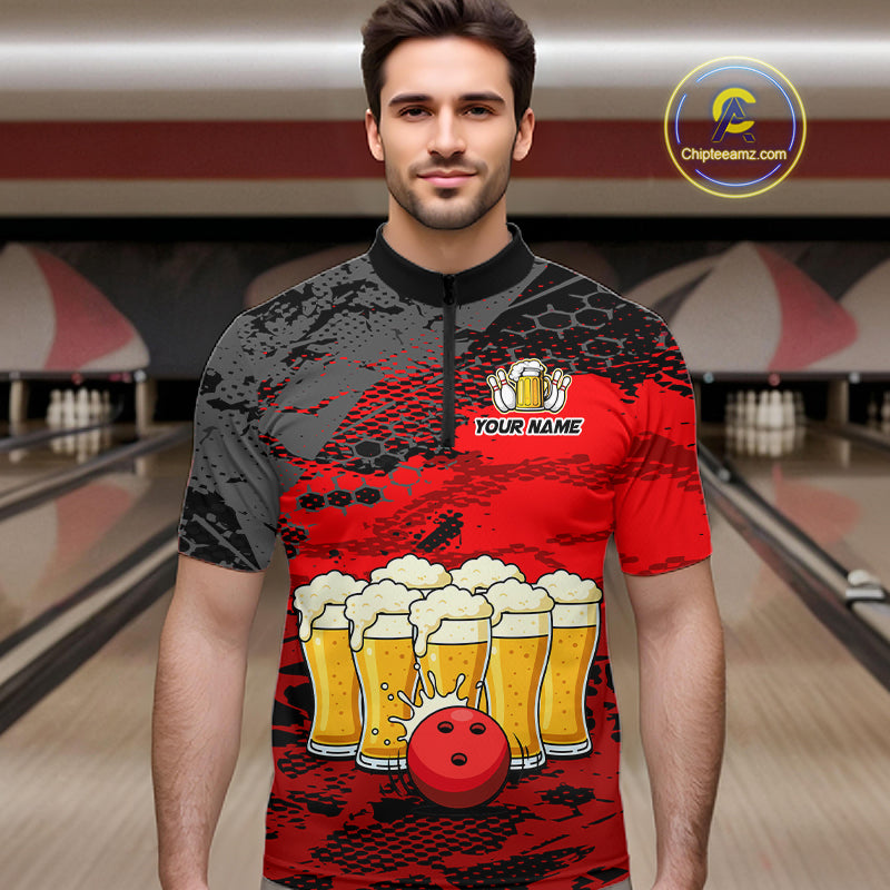 Custom Red Beer Bowling Shirts for Men Bowling Team Jersey Bowling League Polo & 1/4 Zip HNT493