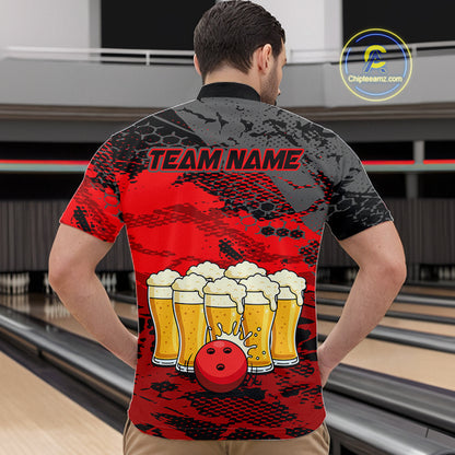 Custom Red Beer Bowling Shirts for Men Bowling Team Jersey Bowling League Polo & 1/4 Zip HNT493