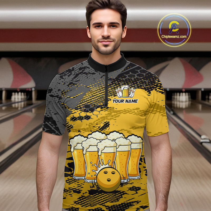 Custom Yellow Beer Bowling Shirts for Men Bowling Team Jersey Bowling League Polo & 1/4 Zip HNT493