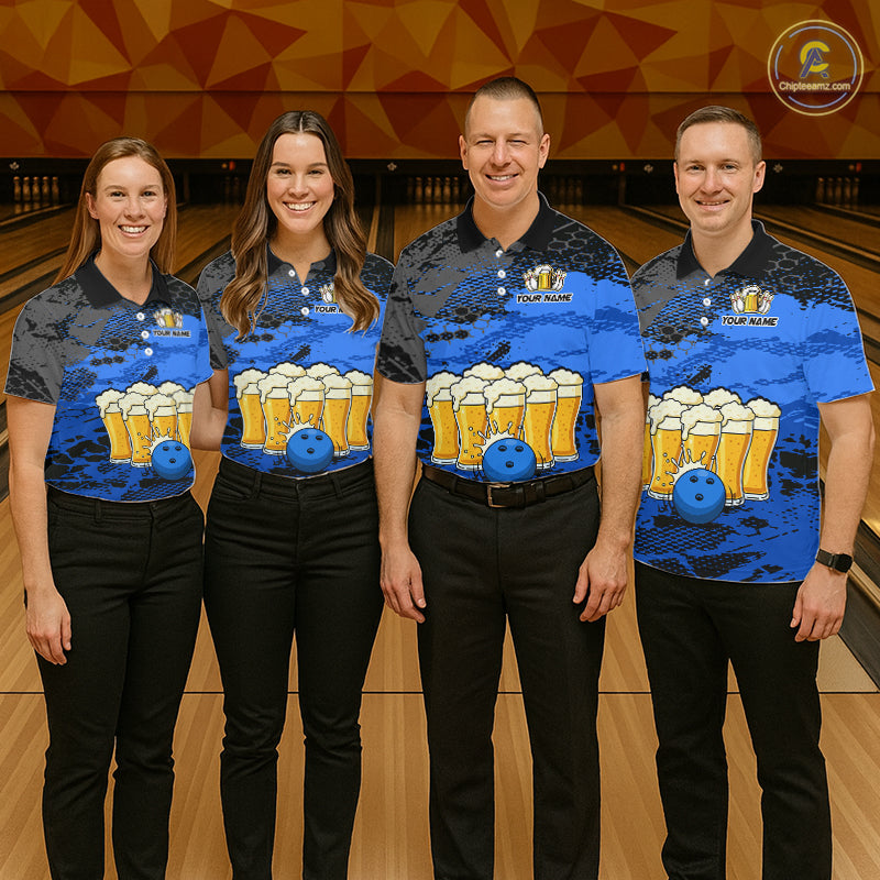 Custom Blue Beer Bowling Shirts for Men Bowling Team Jersey Bowling League Polo & 1/4 Zip HNT493