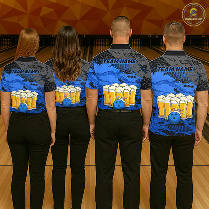 Custom Blue Beer Bowling Shirts for Men Bowling Team Jersey Bowling League Polo & 1/4 Zip HNT493