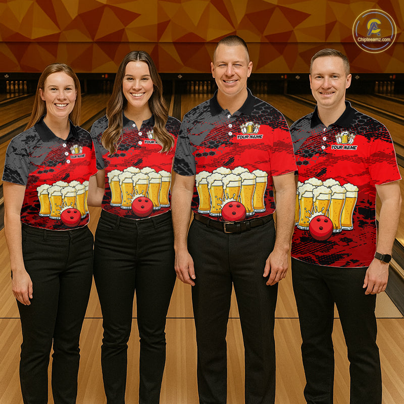 Custom Red Beer Bowling Shirts for Men Bowling Team Jersey Bowling League Polo & 1/4 Zip HNT493