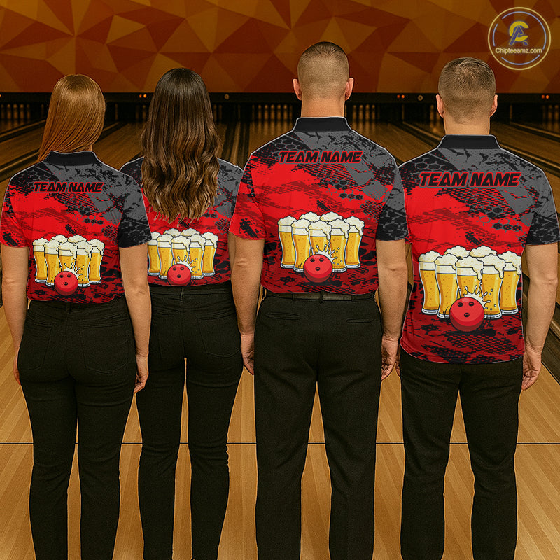 Custom Red Beer Bowling Shirts for Men Bowling Team Jersey Bowling League Polo & 1/4 Zip HNT493