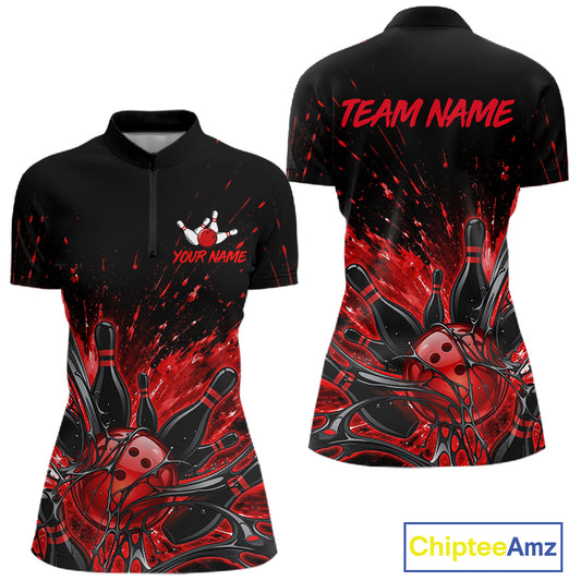 Personalized Red Bowling Jerseys For Women, Custom Bowling Team Shirts Bowling Pin And Ball HNT494
