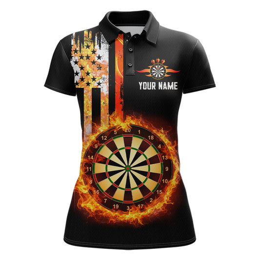 Custom Flame US Flag Darts Shirt for Women Darts Team Jerseys Dart Tournament Polo & 1/4 Zip NNT115