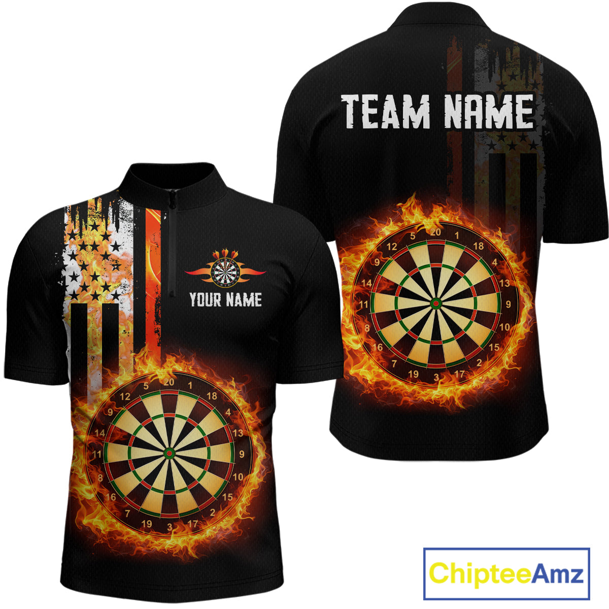 Custom Flame US Flag Darts Shirt for Men Darts Team Jerseys Dart Tournament Polo & 1/4 Zip NNT115