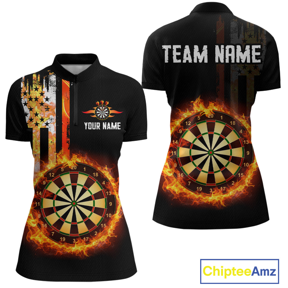 Custom Flame US Flag Darts Shirt for Women Darts Team Jerseys Dart Tournament Polo & 1/4 Zip NNT115