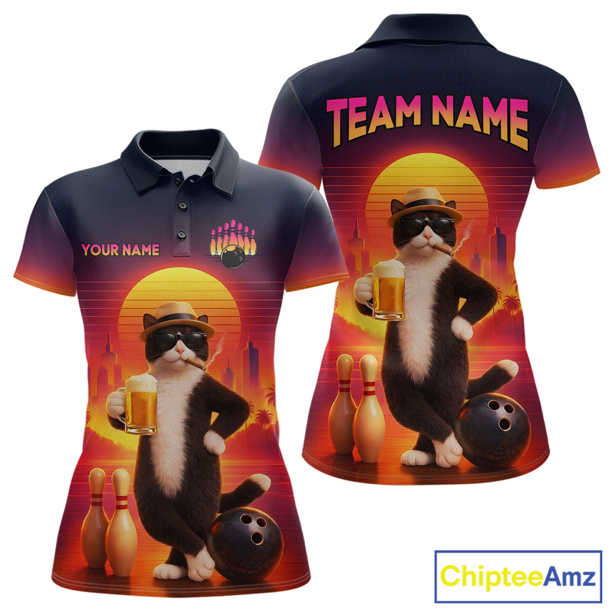 Beer Cat Funny Bowling Shirt for Women Retro Custom Cat with Beer Bowling Team Jersey HNT274