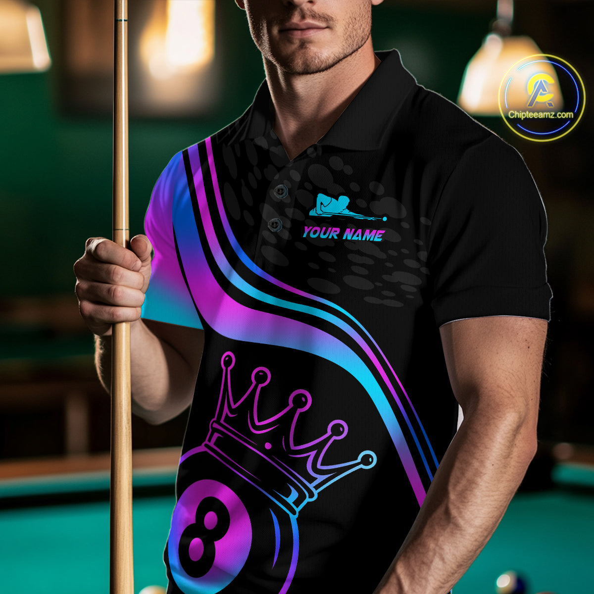 Neon 8 Ball Crown Billiard Shirts for Men Custom Billiard League Billiard Team Shirts Polo & 1/4 Zip NNT103