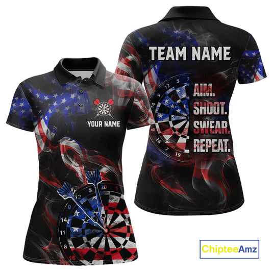 Custom US Flag Aim Shoot Swear Repeat Darts Shirt for Women Darts Team Jerseys Polo & 1/4 Zip NNT114
