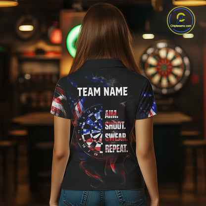 Custom US Flag Aim Shoot Swear Repeat Darts Shirt for Women Darts Team Jerseys Polo & 1/4 Zip NNT114