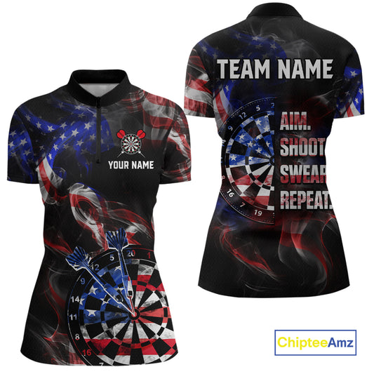 Custom US Flag Aim Shoot Swear Repeat Darts Shirt for Women Darts Team Jerseys Polo & 1/4 Zip NNT114