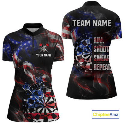 Custom US Flag Aim Shoot Swear Repeat Darts Shirt for Women Darts Team Jerseys Polo & 1/4 Zip NNT114